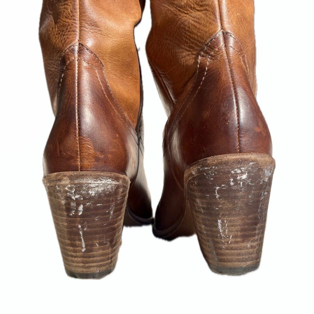 Frye Faye Stich Pull On Clay Leather Cowboy Pointed Toe Knee High Boots - Picture 6 of 8